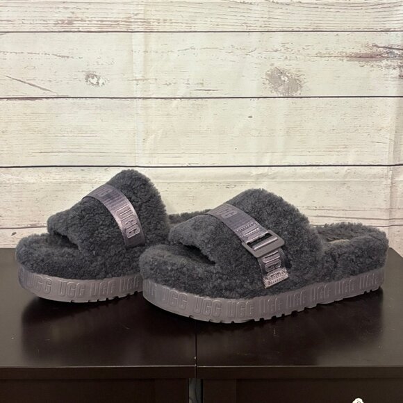 UGG Grey Fluffita Sheepskin Slip-on Platform Sandal Womens 12 - Picture 1 of 6